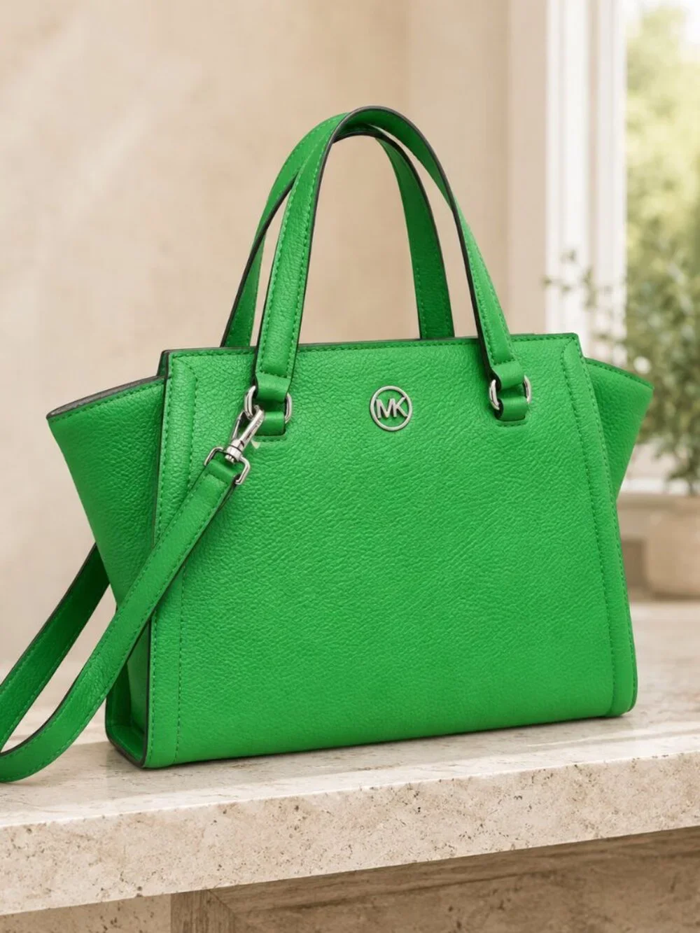 Michael Kors Freya Green Pebbled Leather Satchel Tote Crossbody Bag NWT
